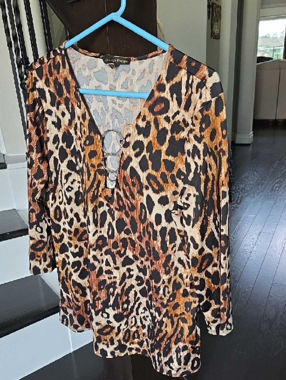 Women’s Leopard Print V-Neck Tunic with Ring Detail - Brown/Black - Picture 6 of 11